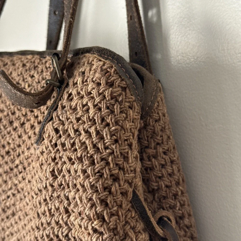 Bonfanti Purse Crochet Wool Knit Handbag Brown Leather Bag Indie‎ Hippie Italy